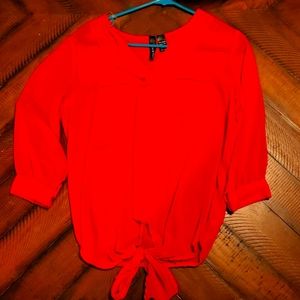 Red tie front blouse